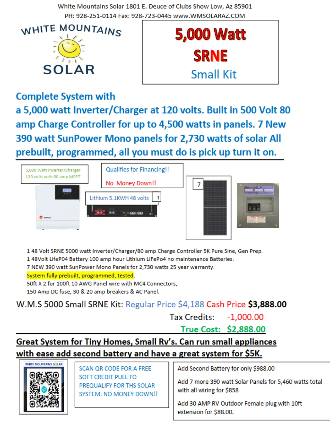 5kW SRNE Small Kit -- White Mountains Solar 928-251-0114