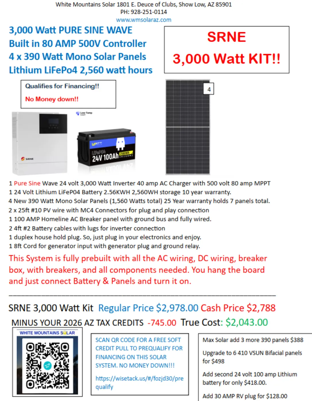 3kW SRNE DIY Solar Kit -- White Mountains Solar 928-251-0114